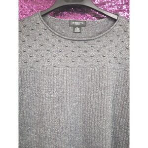 Liz Claiborne Career Sweater XL Silver Metallic Textured Knit Ribbed Side Slit